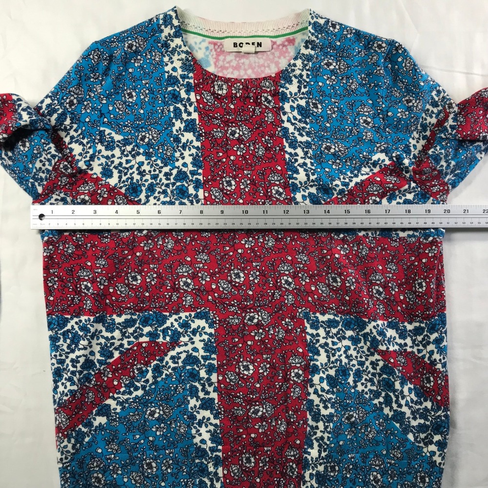 Boden Womens Floral Union Jack Crewneck Sweater Red Blue White Cotton Blend L - Picture 3 of 6